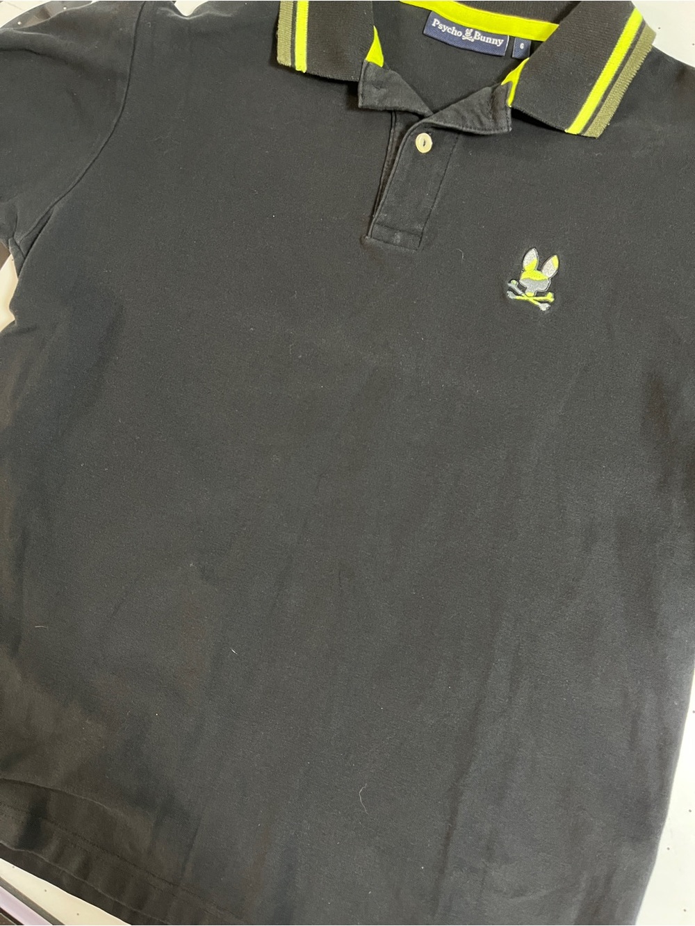 Psycho Bunny Black Polo with Neon Lime Trim men’s size 6